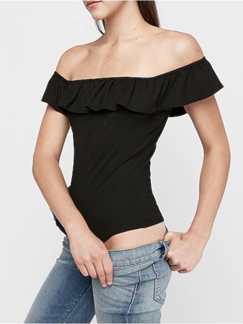 Express Black Ribbed Ruffle Off The Shoulder Bodysuit Top Size XL